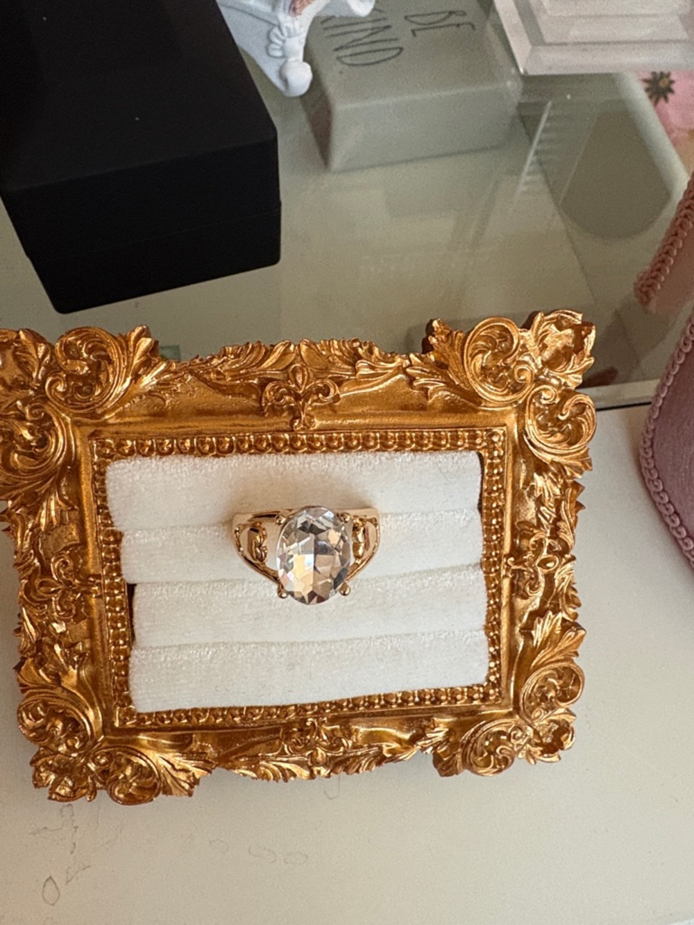 Gold Cocktail Ring with Large Clear Oval Crystal